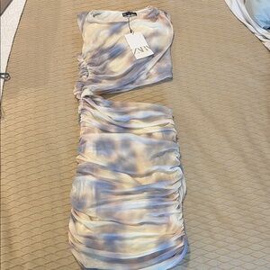 Zara Cream and Blue One Shoulder Dress